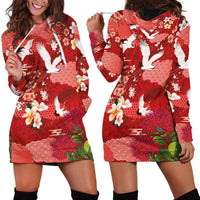 Hawaiian and Japanese Culture Together Hoodie Dress Red Ohia Lehua Plumeria and Sakura Blooming LT03 - Polynesian Pride