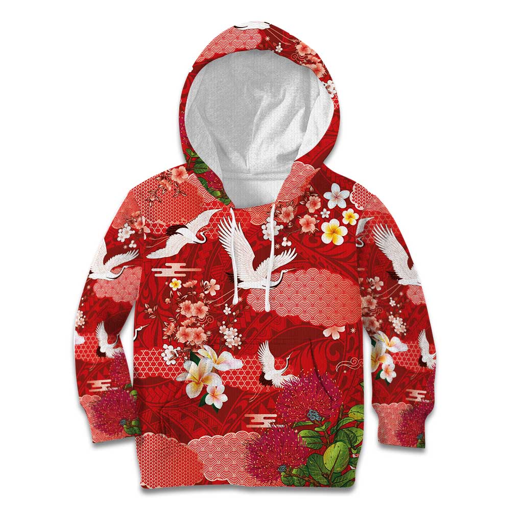 Hawaiian and Japanese Culture Together Kid Hoodie Red Ohia Lehua Plumeria and Sakura Blooming LT03 Hoodie Red - Polynesian Pride