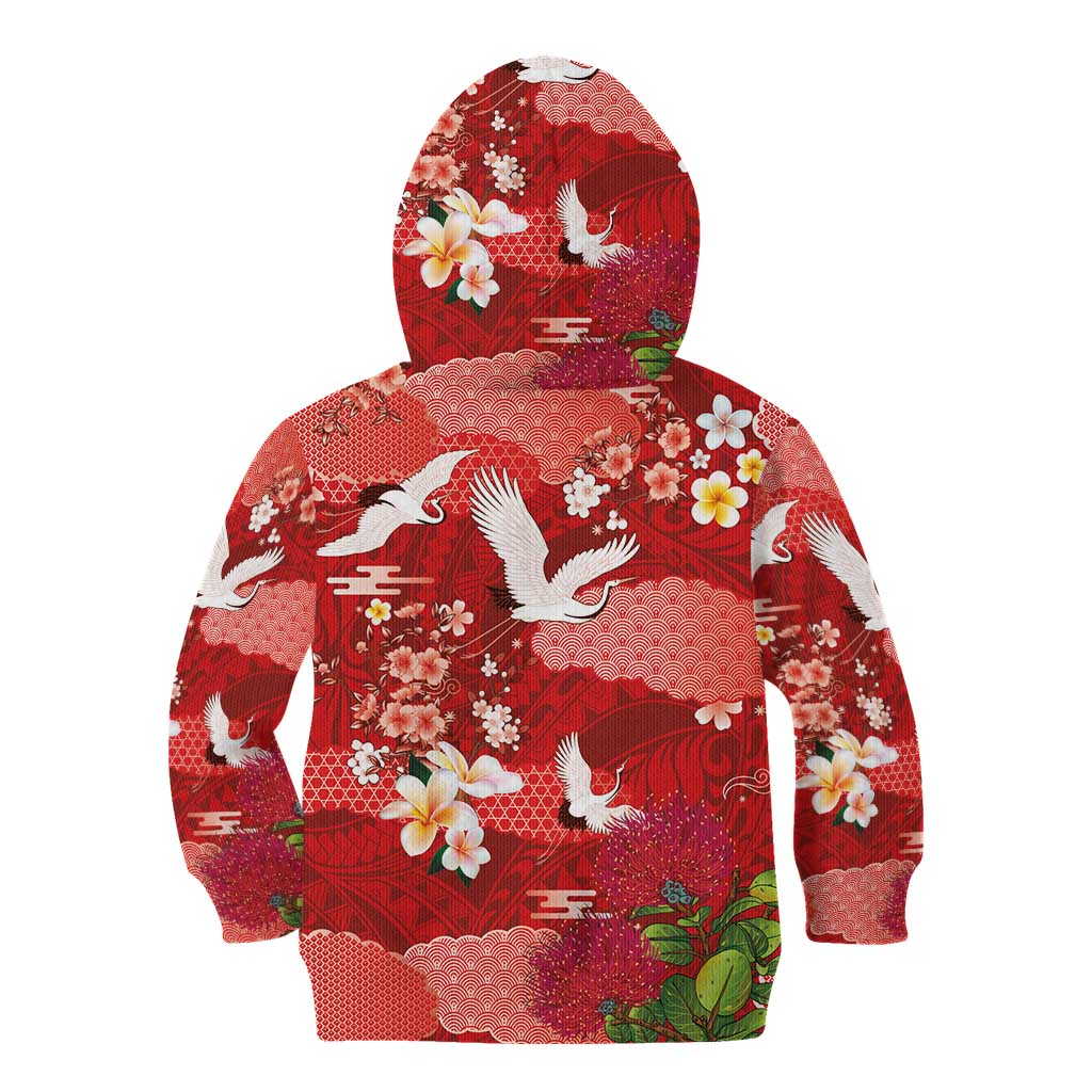 Hawaiian and Japanese Culture Together Kid Hoodie Red Ohia Lehua Plumeria and Sakura Blooming LT03 - Polynesian Pride