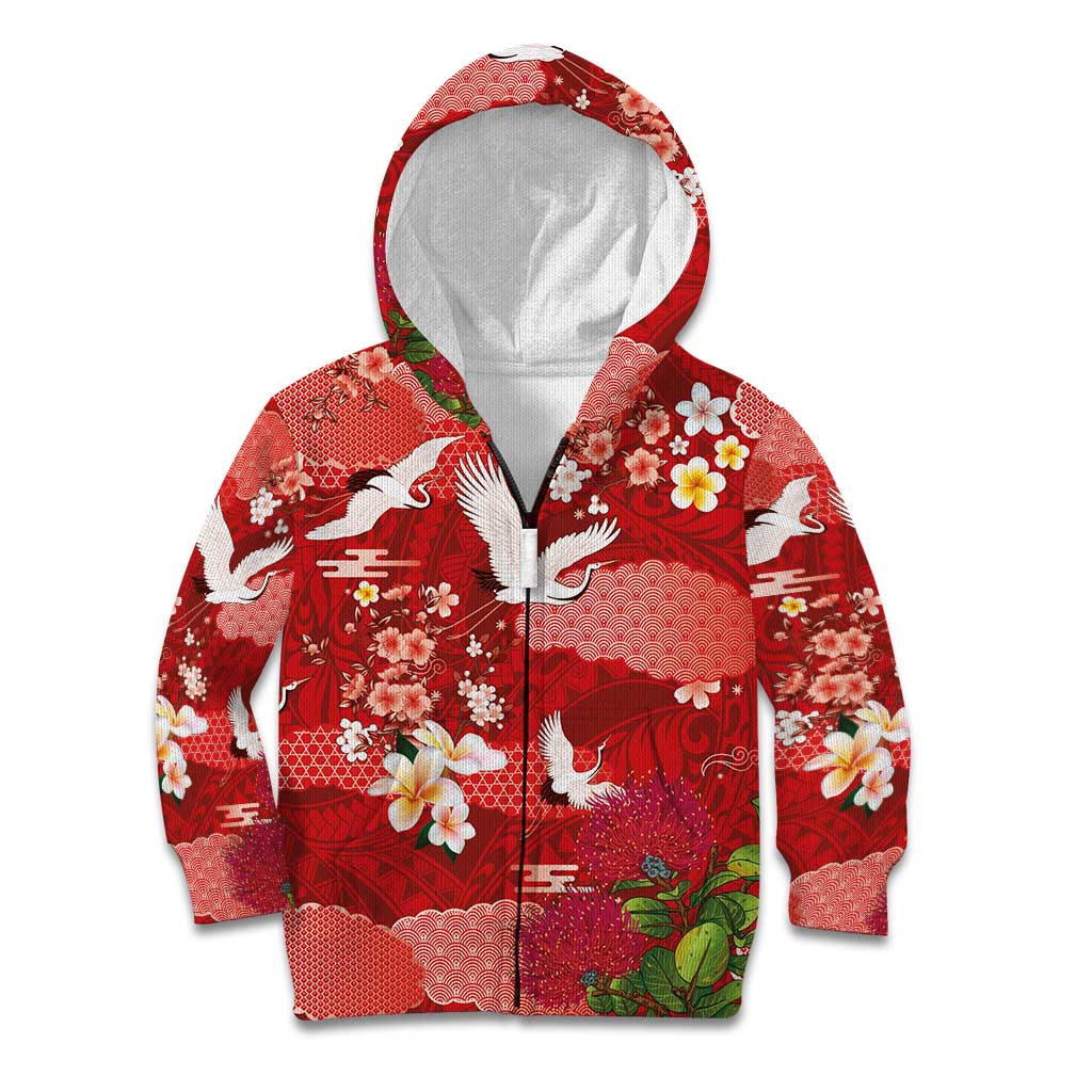 Hawaiian and Japanese Culture Together Kid Hoodie Red Ohia Lehua Plumeria and Sakura Blooming LT03 Zip Hoodie Red - Polynesian Pride