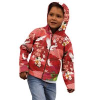 Hawaiian and Japanese Culture Together Kid Hoodie Red Ohia Lehua Plumeria and Sakura Blooming LT03 - Polynesian Pride