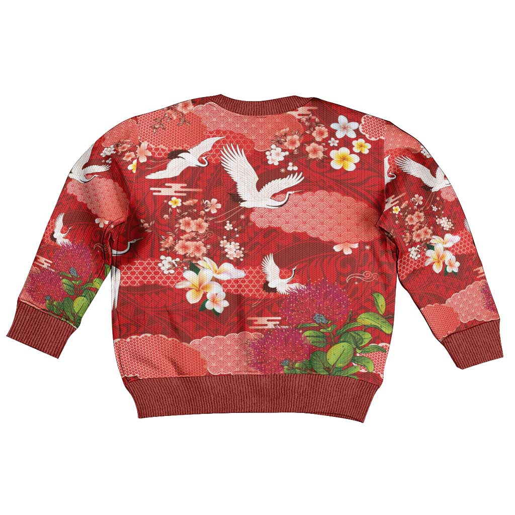 Hawaiian and Japanese Culture Together Kid Ugly Christmas Sweater Red Ohia Lehua Plumeria and Sakura Blooming LT03 - Polynesian Pride