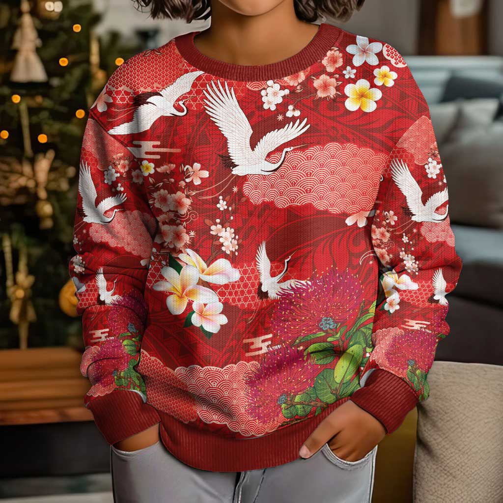 Hawaiian and Japanese Culture Together Kid Ugly Christmas Sweater Red Ohia Lehua Plumeria and Sakura Blooming LT03 - Polynesian Pride