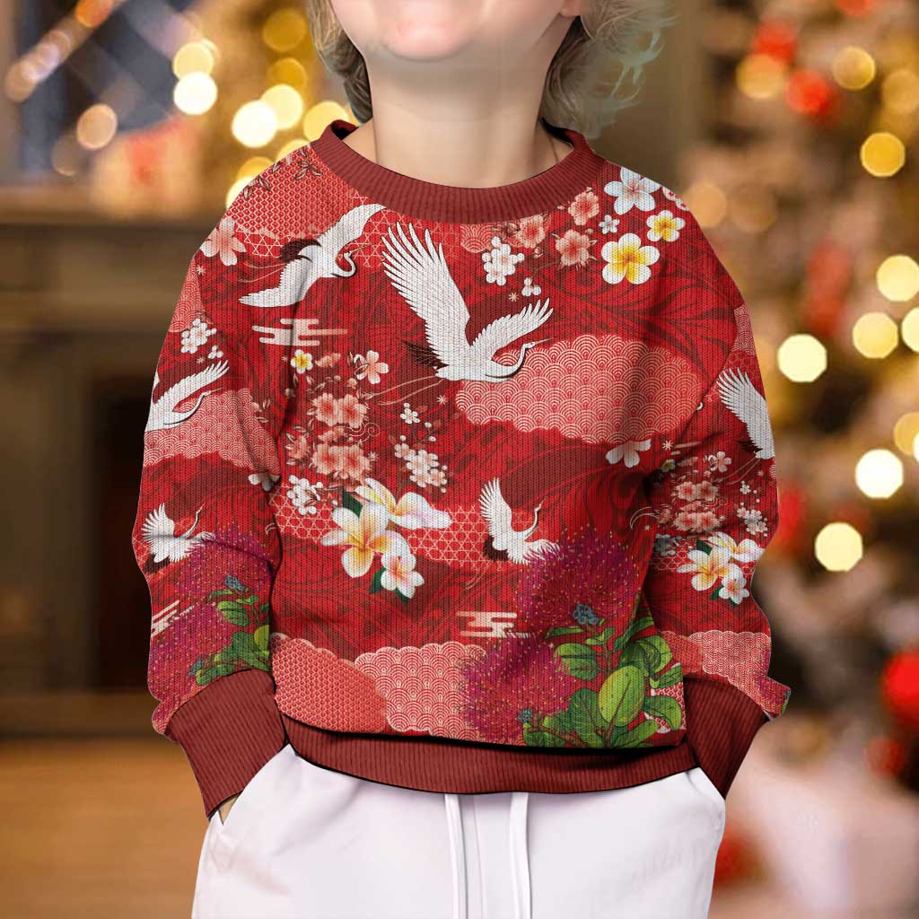 Hawaiian and Japanese Culture Together Kid Ugly Christmas Sweater Red Ohia Lehua Plumeria and Sakura Blooming LT03 - Polynesian Pride