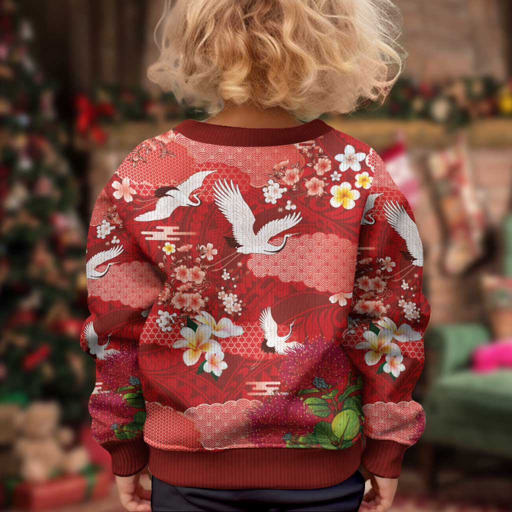 Hawaiian and Japanese Culture Together Kid Ugly Christmas Sweater Red Ohia Lehua Plumeria and Sakura Blooming LT03 - Polynesian Pride