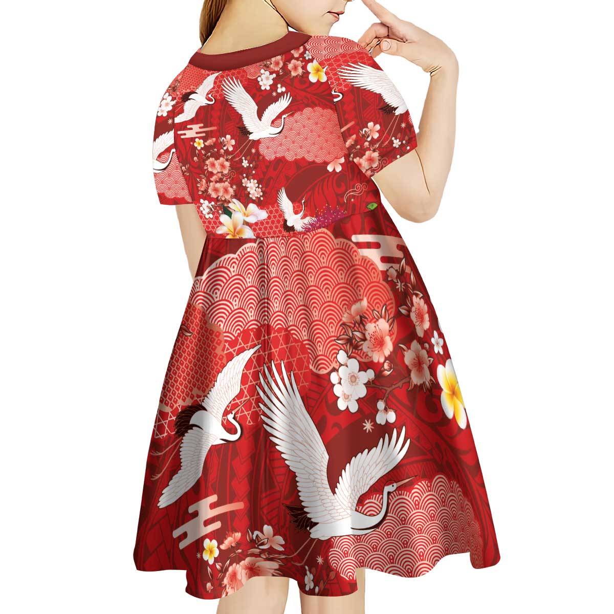 Hawaiian and Japanese Culture Together Kid Short Sleeve Dress Red Ohia Lehua Plumeria and Sakura Blooming LT03 - Polynesian Pride