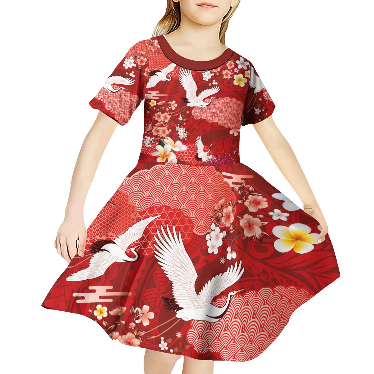 Hawaiian and Japanese Culture Together Kid Short Sleeve Dress Red Ohia Lehua Plumeria and Sakura Blooming LT03 - Polynesian Pride