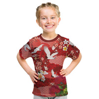 Hawaiian and Japanese Culture Together Kid T Shirt Red Ohia Lehua Plumeria and Sakura Blooming LT03 Red - Polynesian Pride