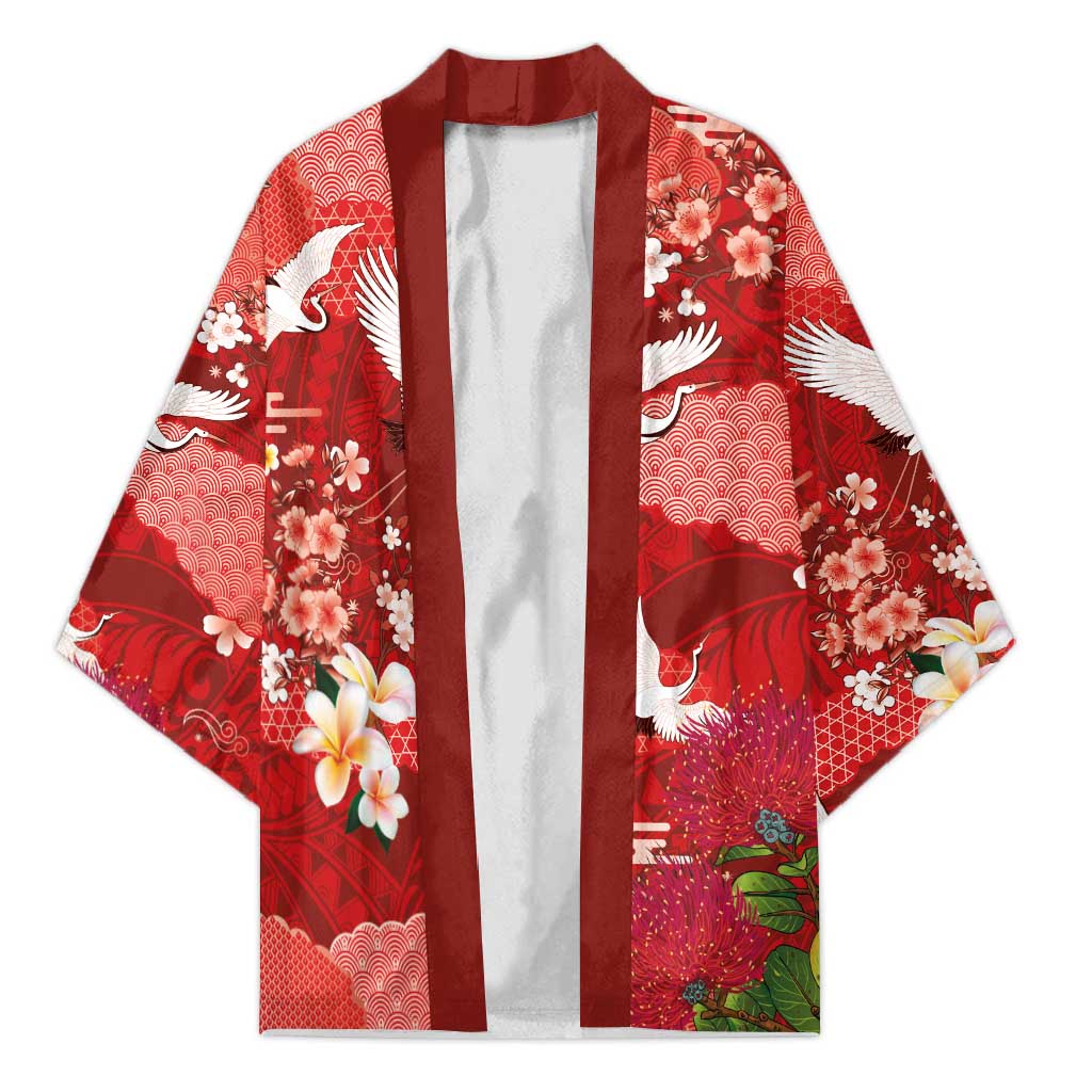Hawaiian and Japanese Culture Together Kimono Red Ohia Lehua Plumeria and Sakura Blooming LT03 Unisex Red - Polynesian Pride