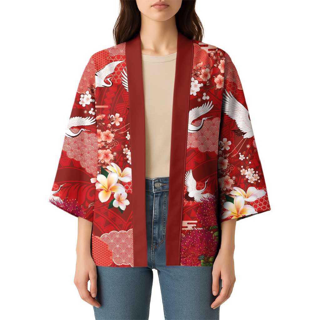 Hawaiian and Japanese Culture Together Kimono Red Ohia Lehua Plumeria and Sakura Blooming LT03 - Polynesian Pride
