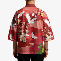 Hawaiian and Japanese Culture Together Kimono Red Ohia Lehua Plumeria and Sakura Blooming LT03 - Polynesian Pride