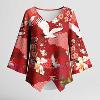 Hawaiian and Japanese Culture Together Kimono Sleeve Blouse Red Ohia Lehua Plumeria and Sakura Blooming LT03 Female Red - Polynesian Pride