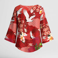 Hawaiian and Japanese Culture Together Kimono Sleeve Blouse Red Ohia Lehua Plumeria and Sakura Blooming LT03 - Polynesian Pride