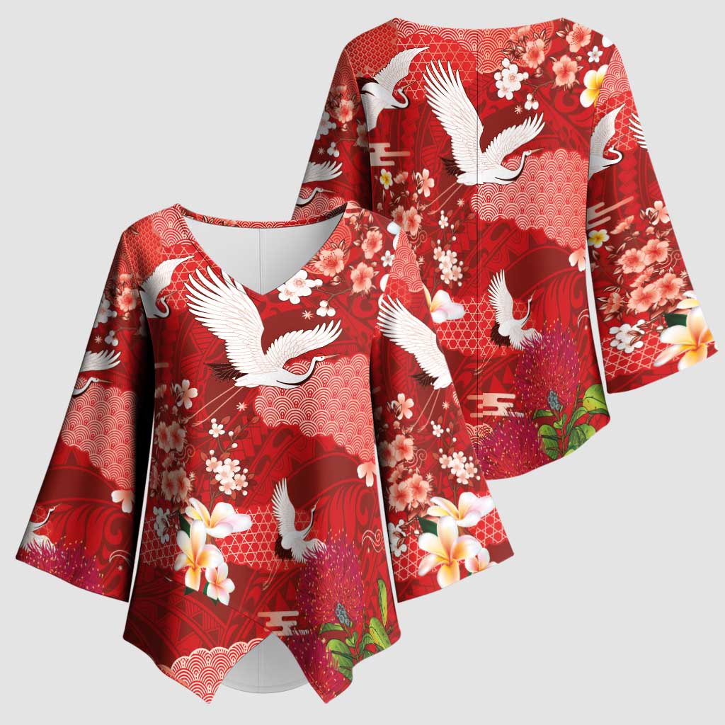 Hawaiian and Japanese Culture Together Kimono Sleeve Blouse Red Ohia Lehua Plumeria and Sakura Blooming LT03 - Polynesian Pride