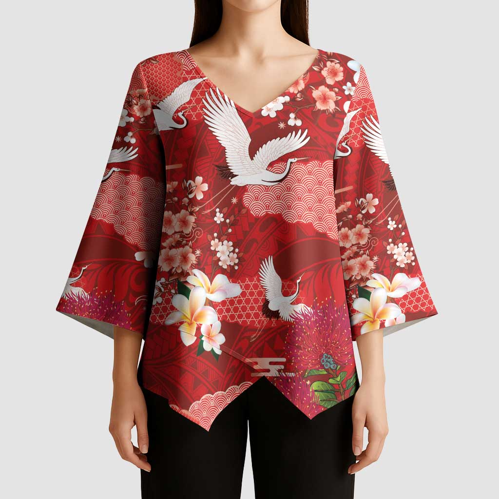 Hawaiian and Japanese Culture Together Kimono Sleeve Blouse Red Ohia Lehua Plumeria and Sakura Blooming LT03 - Polynesian Pride