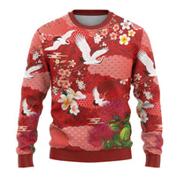 Hawaiian and Japanese Culture Together Ugly Christmas Sweater Red Ohia Lehua Plumeria and Sakura Blooming LT03 - Polynesian Pride