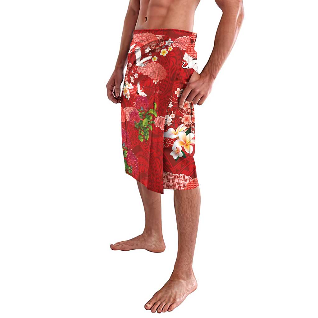 Hawaiian and Japanese Culture Together Lavalava Red Ohia Lehua Plumeria and Sakura Blooming LT03 - Polynesian Pride