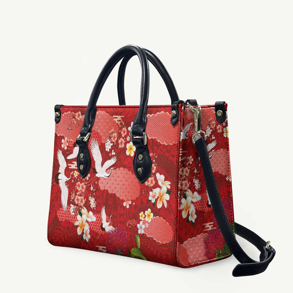 Hawaiian and Japanese Culture Together Leather Bag Red Ohia Lehua Plumeria and Sakura Blooming LT03 Red - Polynesian Pride