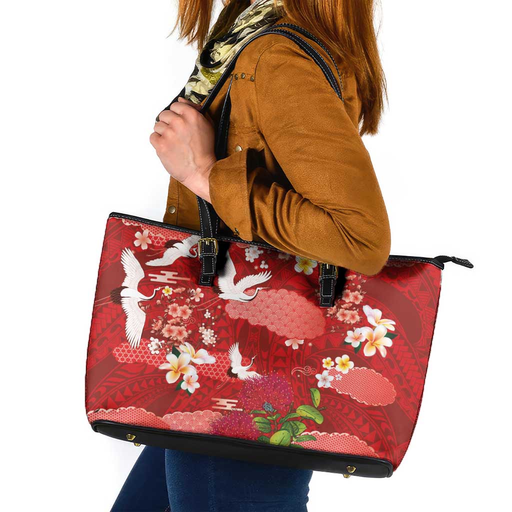Hawaiian and Japanese Culture Together Leather Tote Bag Red Ohia Lehua Plumeria and Sakura Blooming LT03 Red - Polynesian Pride