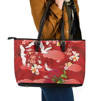 Hawaiian and Japanese Culture Together Leather Tote Bag Red Ohia Lehua Plumeria and Sakura Blooming LT03 - Polynesian Pride