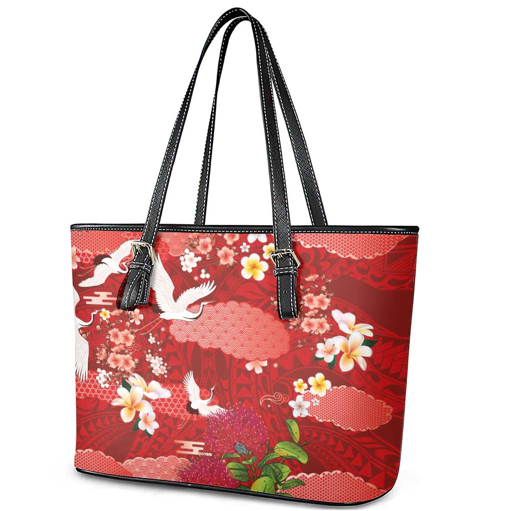 Hawaiian and Japanese Culture Together Leather Tote Bag Red Ohia Lehua Plumeria and Sakura Blooming LT03 - Polynesian Pride