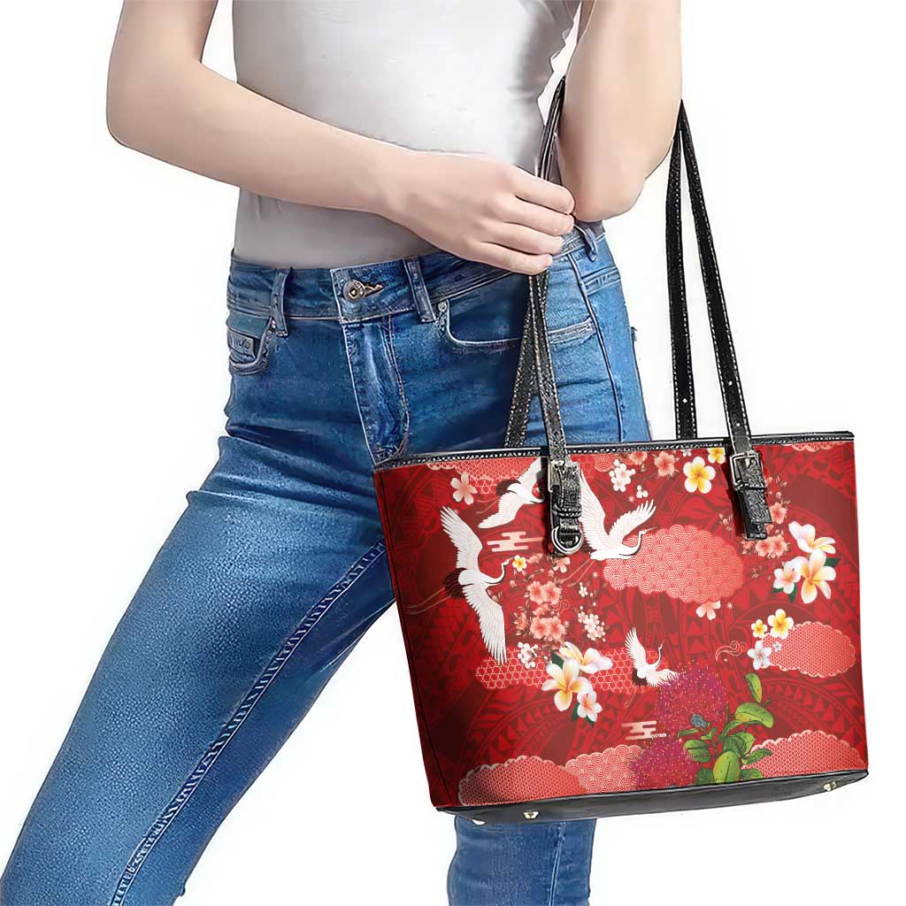 Hawaiian and Japanese Culture Together Leather Tote Bag Red Ohia Lehua Plumeria and Sakura Blooming LT03 - Polynesian Pride