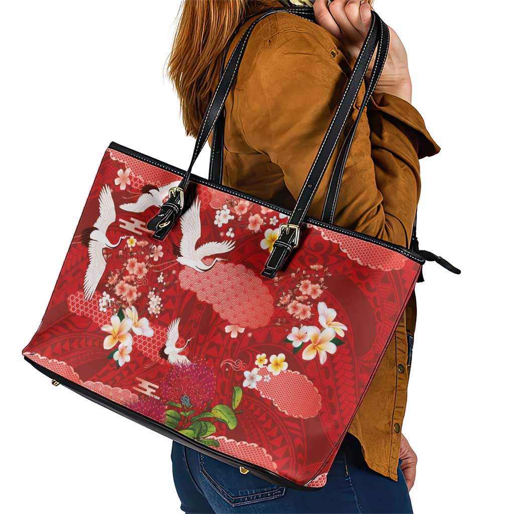 Hawaiian and Japanese Culture Together Leather Tote Bag Red Ohia Lehua Plumeria and Sakura Blooming LT03 - Polynesian Pride