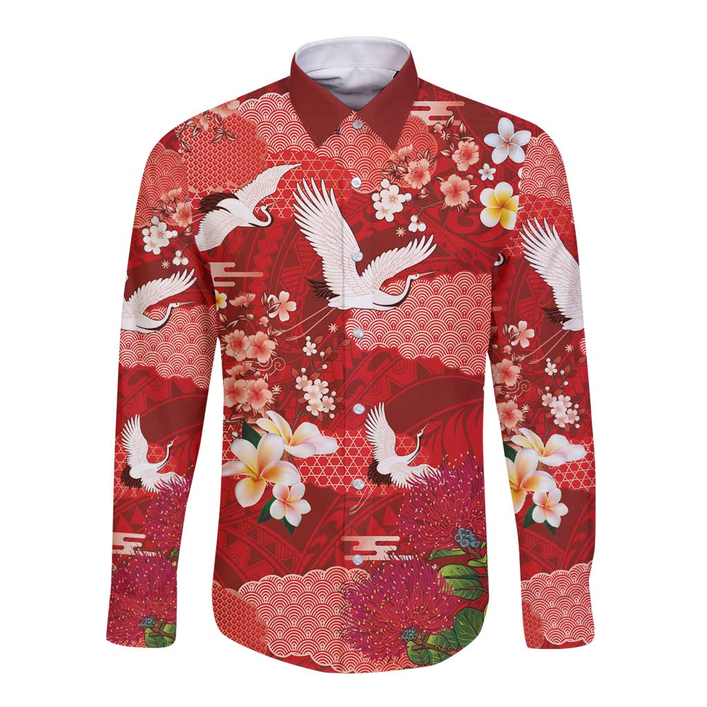 Hawaiian and Japanese Culture Together Long Sleeve Button Shirt Red Ohia Lehua Plumeria and Sakura Blooming LT03 Unisex Red - Polynesian Pride