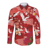 Hawaiian and Japanese Culture Together Long Sleeve Button Shirt Red Ohia Lehua Plumeria and Sakura Blooming LT03 Unisex Red - Polynesian Pride