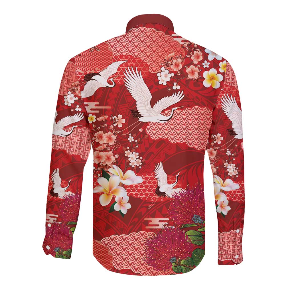Hawaiian and Japanese Culture Together Long Sleeve Button Shirt Red Ohia Lehua Plumeria and Sakura Blooming LT03 - Polynesian Pride