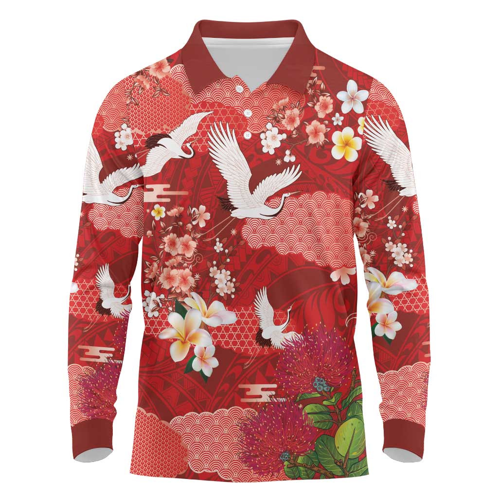Hawaiian and Japanese Culture Together Long Sleeve Polo Shirt Red Ohia Lehua Plumeria and Sakura Blooming - Polynesian Pride