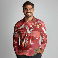 Hawaiian and Japanese Culture Together Long Sleeve Polo Shirt Red Ohia Lehua Plumeria and Sakura Blooming - Polynesian Pride