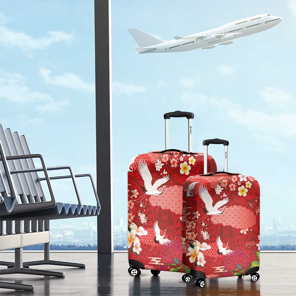 Hawaiian and Japanese Culture Together Luggage Cover Red Ohia Lehua Plumeria and Sakura Blooming LT03 - Polynesian Pride