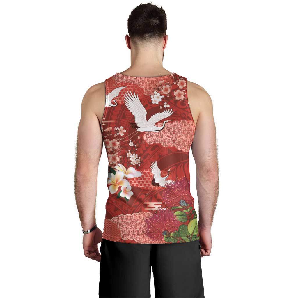 Hawaiian and Japanese Culture Together Men Tank Top Red Ohia Lehua Plumeria and Sakura Blooming LT03 - Polynesian Pride