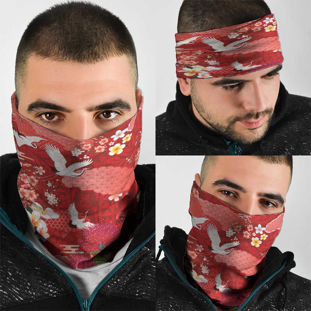 Hawaiian and Japanese Culture Together Neck Gaiter Red Ohia Lehua Plumeria and Sakura Blooming LT03 - Polynesian Pride
