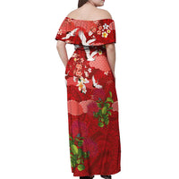 Hawaiian and Japanese Culture Together Off Shoulder Maxi Dress Red Ohia Lehua Plumeria and Sakura Blooming LT03 - Polynesian Pride