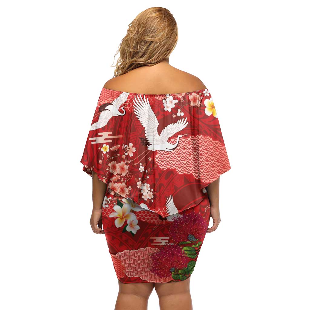 Hawaiian and Japanese Culture Together Off Shoulder Short Dress Red Ohia Lehua Plumeria and Sakura Blooming LT03 - Polynesian Pride