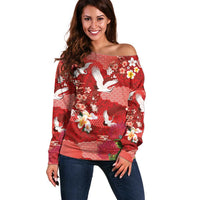 Hawaiian and Japanese Culture Together Off Shoulder Sweater Red Ohia Lehua Plumeria and Sakura Blooming LT03 Women Red - Polynesian Pride