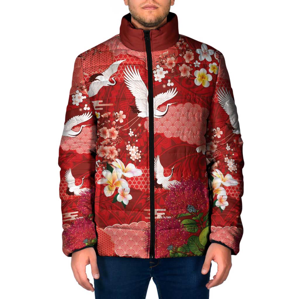 Hawaiian and Japanese Culture Together Padded Jacket Red Ohia Lehua Plumeria and Sakura Blooming LT03 Men Red - Polynesian Pride