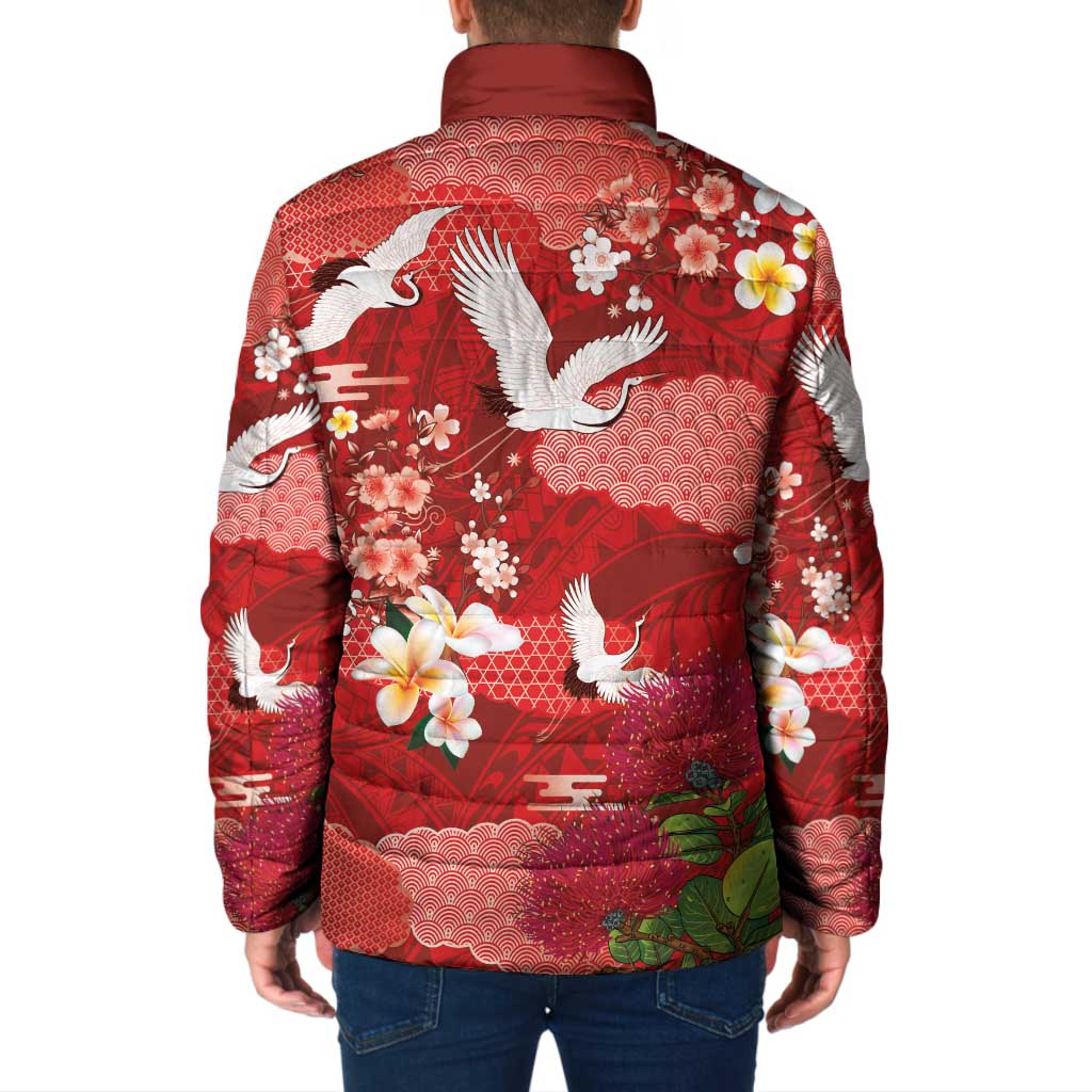 Hawaiian and Japanese Culture Together Padded Jacket Red Ohia Lehua Plumeria and Sakura Blooming LT03 - Polynesian Pride