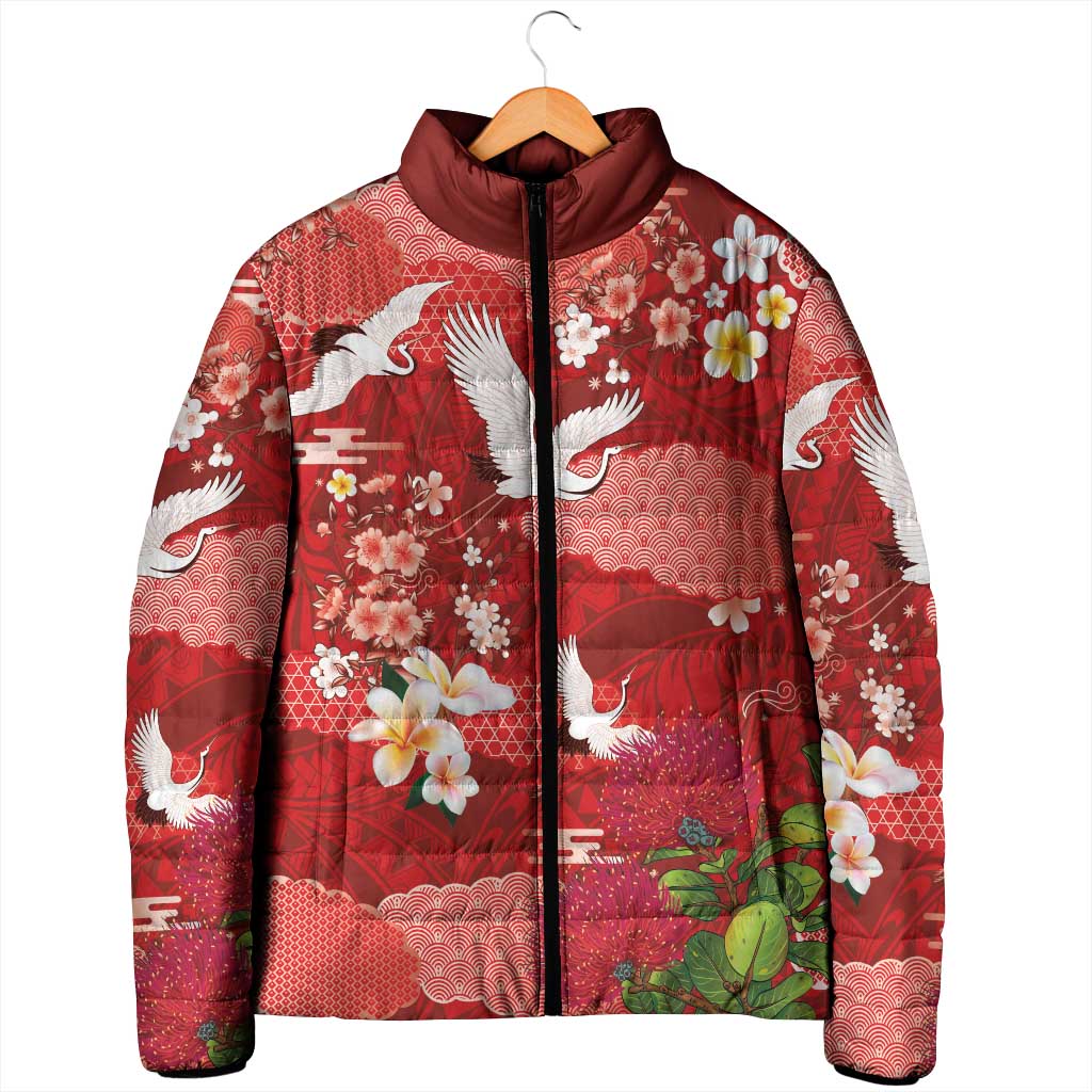 Hawaiian and Japanese Culture Together Padded Jacket Red Ohia Lehua Plumeria and Sakura Blooming LT03 - Polynesian Pride
