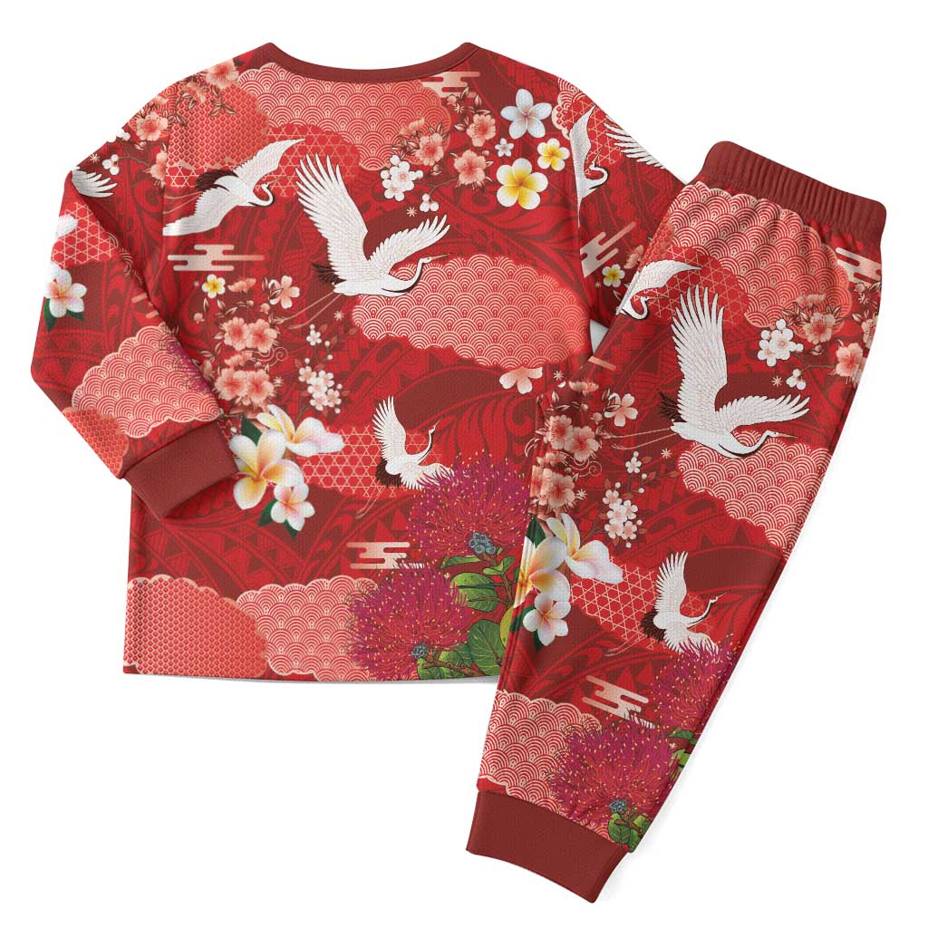 Hawaiian and Japanese Culture Together Christmas Pajama Set Red Ohia Lehua Plumeria and Sakura Blooming LT03 - Polynesian Pride
