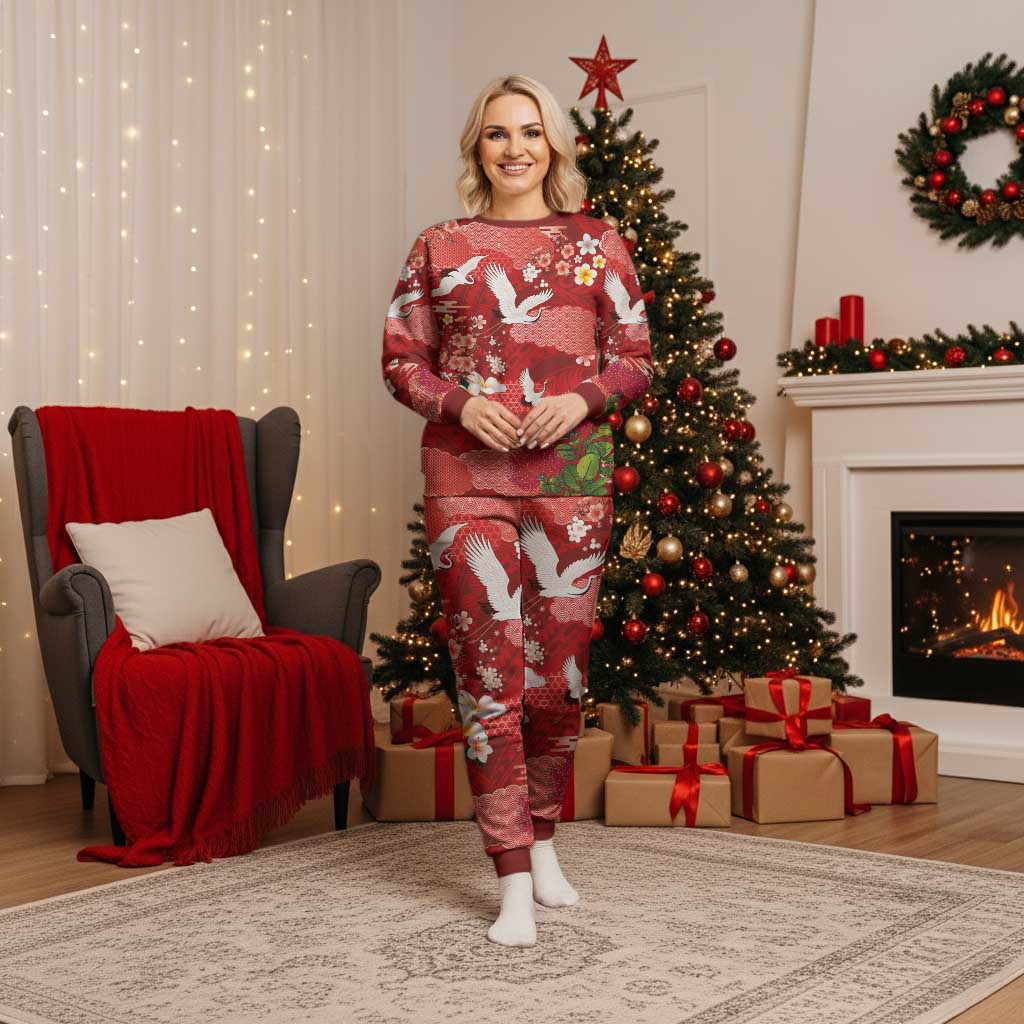 Hawaiian and Japanese Culture Together Christmas Pajama Set Red Ohia Lehua Plumeria and Sakura Blooming LT03 Women Red - Polynesian Pride