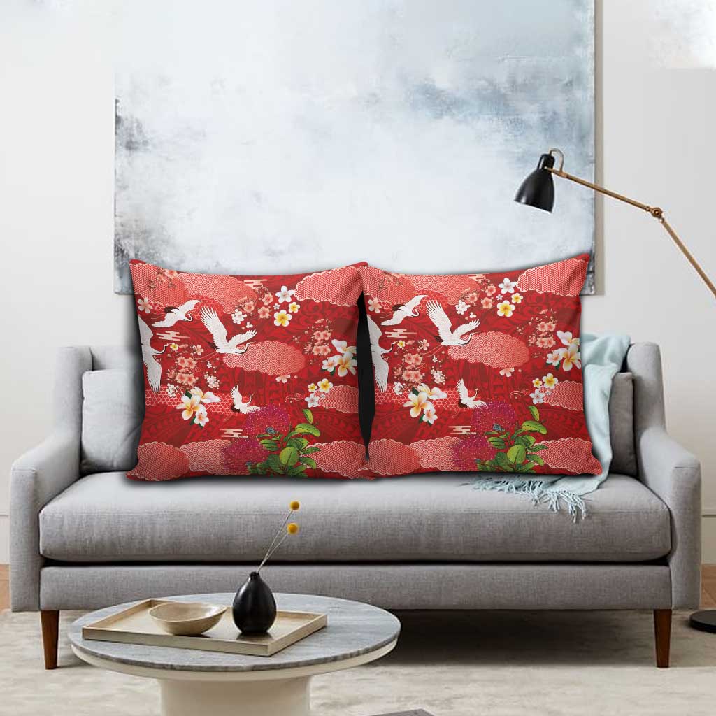 Hawaiian and Japanese Culture Together Pillow Cover Red Ohia Lehua Plumeria and Sakura Blooming LT03 - Polynesian Pride