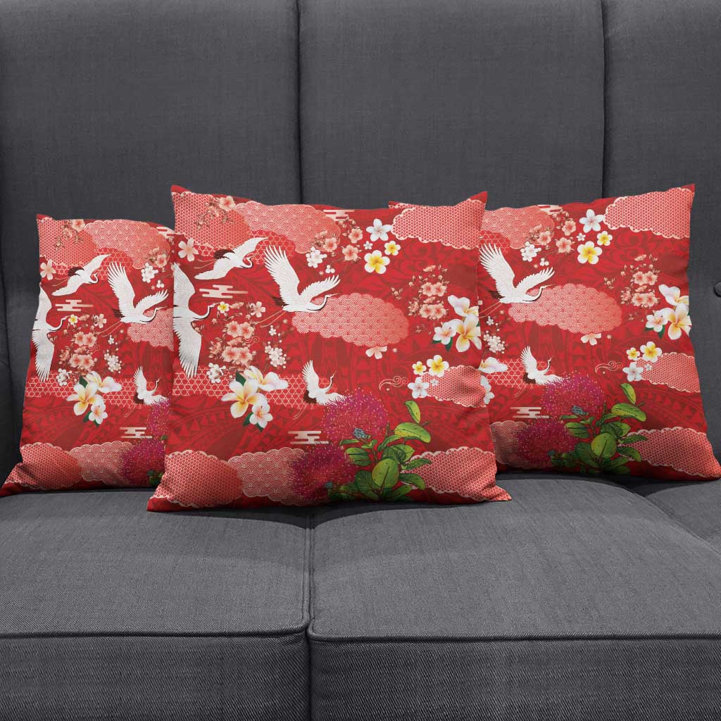 Hawaiian and Japanese Culture Together Pillow Cover Red Ohia Lehua Plumeria and Sakura Blooming LT03 - Polynesian Pride