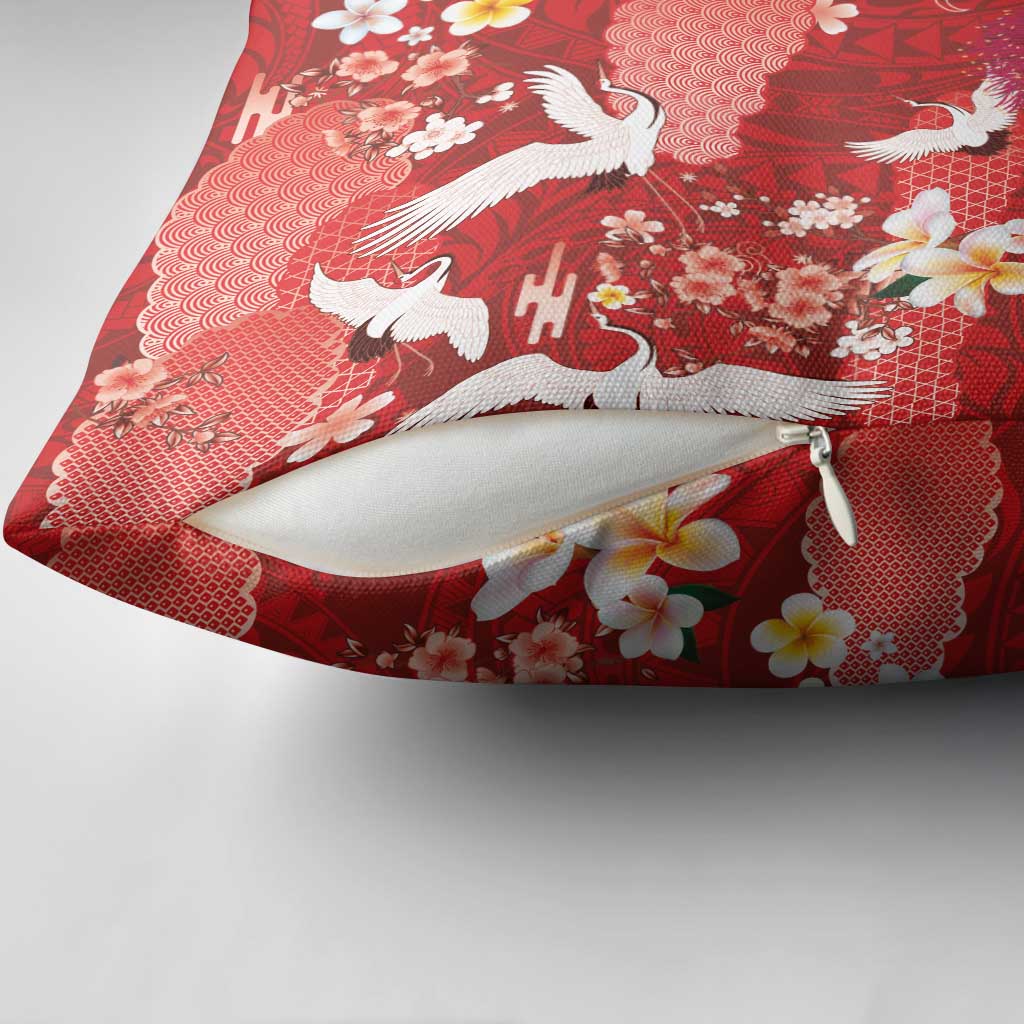 Hawaiian and Japanese Culture Together Pillow Cover Red Ohia Lehua Plumeria and Sakura Blooming LT03 - Polynesian Pride