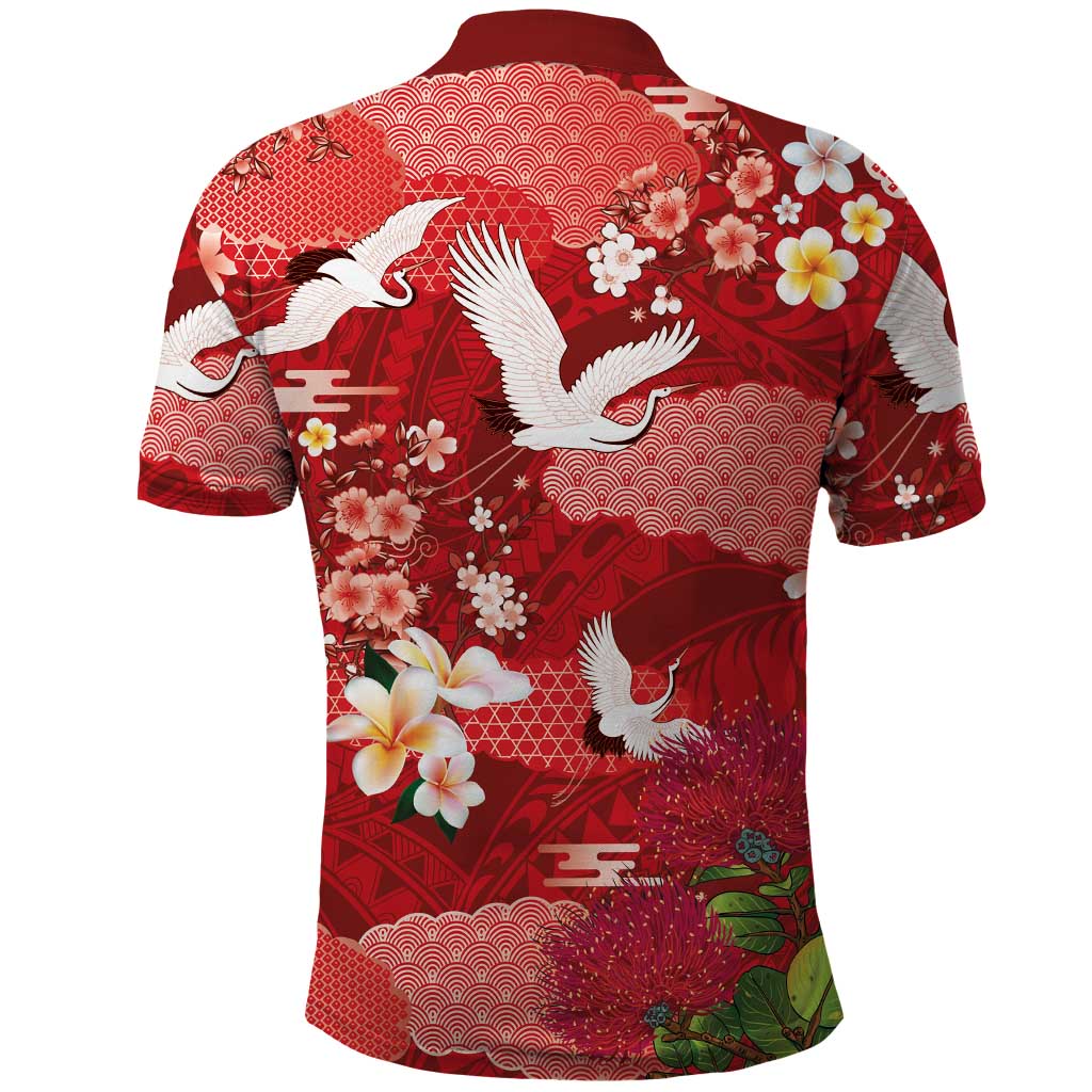 Hawaiian and Japanese Culture Together Polo Shirt Red Ohia Lehua Plumeria and Sakura Blooming LT03 - Polynesian Pride