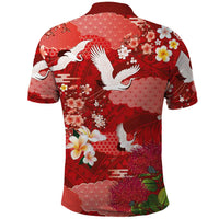 Hawaiian and Japanese Culture Together Polo Shirt Red Ohia Lehua Plumeria and Sakura Blooming LT03 - Polynesian Pride