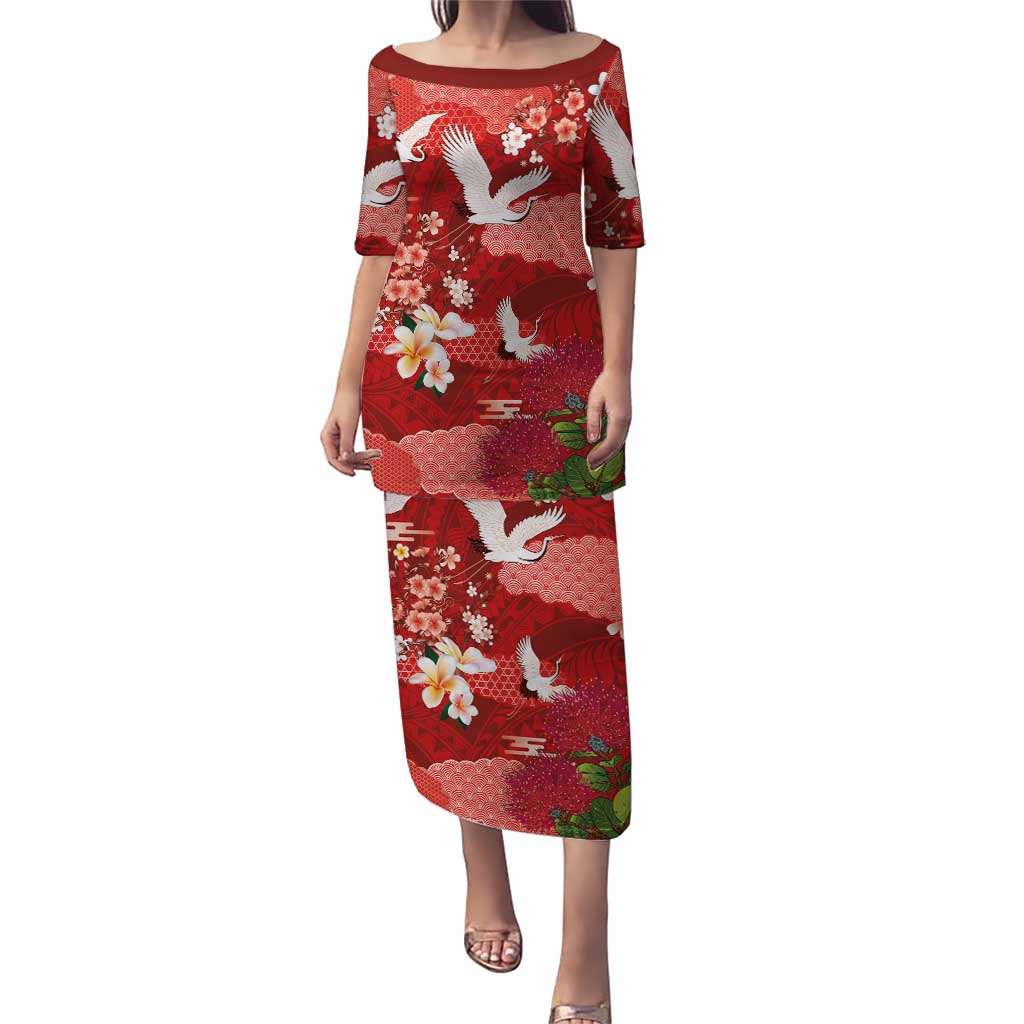 Hawaiian and Japanese Culture Together Puletasi Red Ohia Lehua Plumeria and Sakura Blooming LT03 Long Dress Red - Polynesian Pride