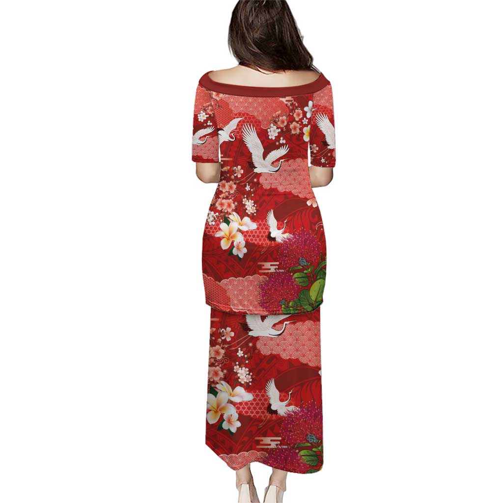 Hawaiian and Japanese Culture Together Puletasi Red Ohia Lehua Plumeria and Sakura Blooming LT03 - Polynesian Pride